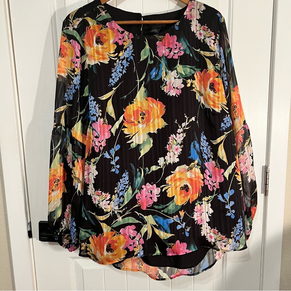 Sz 2X Investments Plus Floral Black Blouse Tunic Long Balloon Sleeve